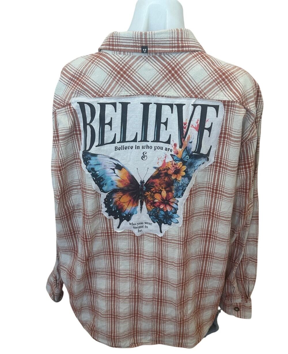 Believe Butterfly Plaid Flannel Shirt XXL Oversized Magic Camping Unique Upcycle